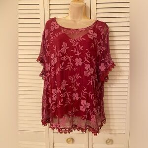 Soft Surroundings Pink Floral Sheer Top 2XL Embroidered Silk Lace Boho Romantic